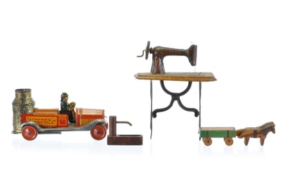 Paya Tin Sewing Machine, and German Penny Toy Tin Lot