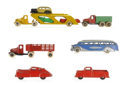 Tootsietoy Greyhound, Car Hauler, Truck, and Car Lot of 9