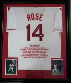 Pete Rose No. 14 Cincinnati Reds AUTOGRAPHED Framed Jersey & Color Photos w/COA