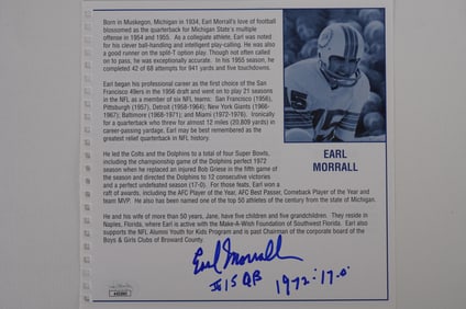 Earl Morrall Autographed Book Page Member 1972 Perfect Season Team No. 15 Miami Dolphins w/COA