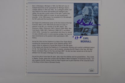 Earl Morrall Autographed Book Page Member 1972 Perfect Season Team No. 15 Miami Dolphins w/COA