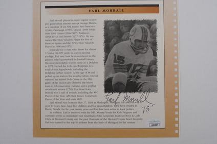 Earl Morrall Autographed Book Page Member 1972 Perfect Season Team No. 15 Miami Dolphins w/COA
