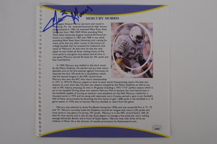 Mercury Morris Autographed Book Page Member 1972 Perfect Season Team No. 22 Miami Dolphins w/COA