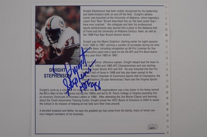 Dwight Stephenson No. 57 Autographed Book Page Miami Dolphins w/COA