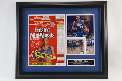 Grant Hill No. 33 Autographed Framed Color Photo & Cereal Box Detroit Pistons w/COA