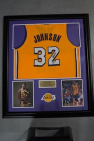 Magic Johnson No. 33 Autographed Framed Jersey & Color Photos Los Angeles w/COA