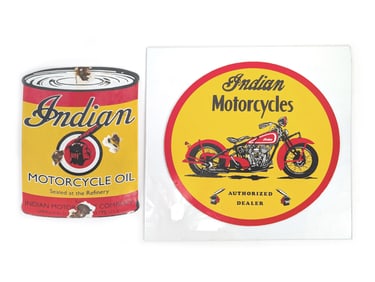 Indian Motorcycle Oil Sign and Indian Motorcycles Authorized Dealer Decal on Glass