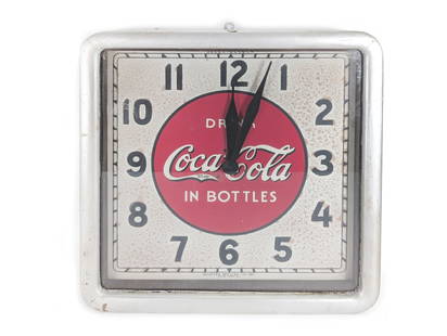 Vintage Drink Coca Cola Coke Soda Pop Selected Devices Co Advertising Wall Clock: This vintage Coca-Cola clock looks to be painted on metal | It reads Drink Coca-Cola In Bottles Trademark US PAT office | The frame is made of wood and has been painted silver | The clock motor is pre