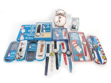 Lot of 13 Dr. Seuss Watches Plus Alarm Clock Mostly Cat in the Hat