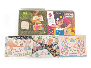 3 Dr. Seuss Puzzles and 2 Drawing Sets