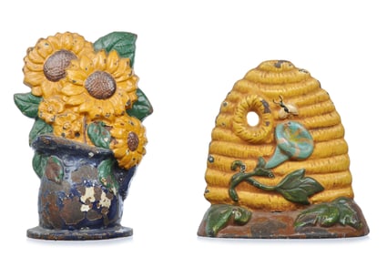 Vintage Cast Iron Sun Flowers and Beehive Doorstop Set