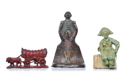 Set of 3 Cast Iron Doorstops Champion Covered Wagon, Pirate, Major Domo