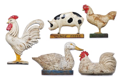 Lot of 5 Farm Themed Cast Iron Doorstops Young's Feed Store Pig, Chicken, Rooster, Hen, Swimming