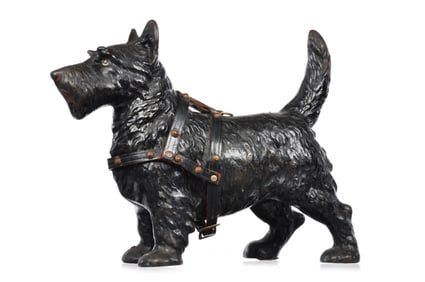 Hubley Cast Iron No. 305 Scotty Dog Doorstop with Leather Harness Large