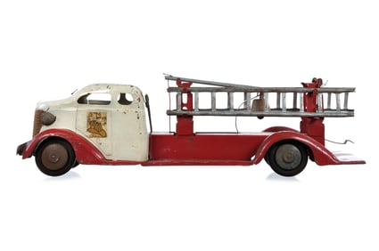 Turner Toys ca. 1930s Pressed Steel White and Red Fire Ladder Truck with Bell