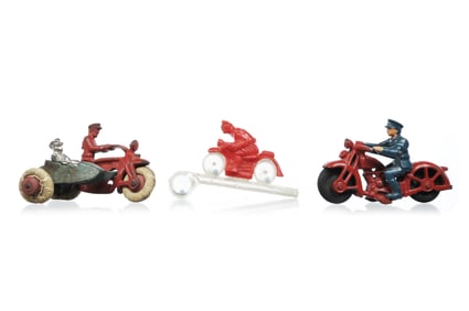 3 1930s Motorcycle Cops Hubley Cast Iron #376 and #399 and Plastic Whistle