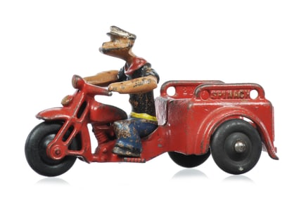 Hubley ca. 1929 Cast Iron Popeye Spinach Delivery Motorcycle