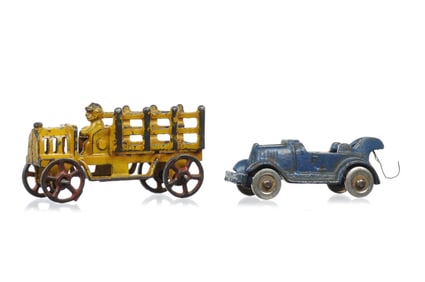 Hubley Cast Iron Yellow Stake Truck and Blue Wrecker 4" Lot of 2
