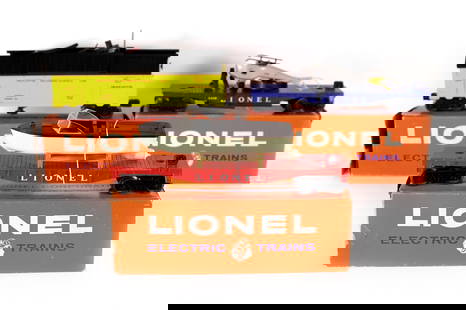 Lionel Freight Cars 3619 6501 3419 Boxed: Lionel: 3619 Reconnaissance Copter Car | 6501 Jet Motor Boat Transport Car | 3419 Operating Helicopter Car | All cars are in very good shape | Boxes have some wear | End flaps are intact, except on 36