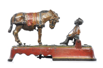 J & E Stevens Cast Iron No. 329 Kicking Mule Mechanical 'Spise A Mule Bank