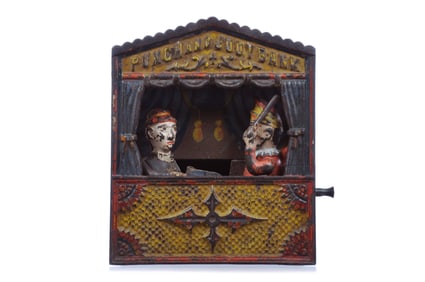 Shepard Hardware ca. 1885 Cast Iron Punch andJudy Mechanical Bank Large Letters Variation