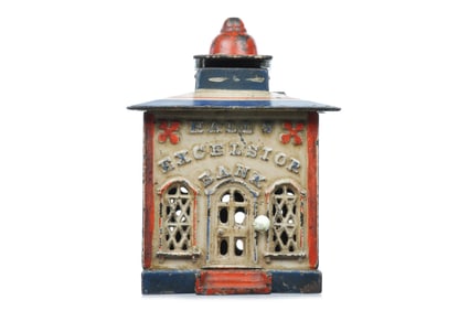 J & E Stevens No. 108 cast Iron Hall's Excelsior Bank Cashier Mechanical Bank