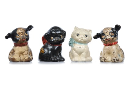 Hubley Cast Iron Puppo, Kitty Bank, and Fido (2) Still Bank Set of 4