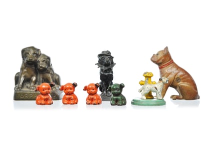 Lot of 8 Cast Iron Dogs Advertising Pups, Dog Bank, Matchholder, Bookend, and Scotty