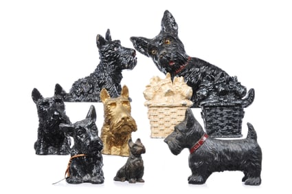 Lot of 9 Cast Iron and Metal Scotty Dog Banks and Paperweights