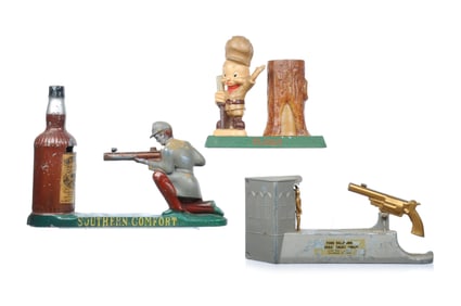 3 Vintage Advertising Mechanical Banks Ford, Elmer Fudd, and Southern Comfort