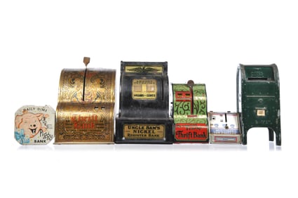6 Register and Daily Dime Banks by Girard, Chein, Shonk, Kalon Etc.