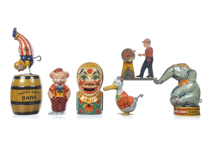 7 Tin Litho Chein and Girard Windup Toys and Banks