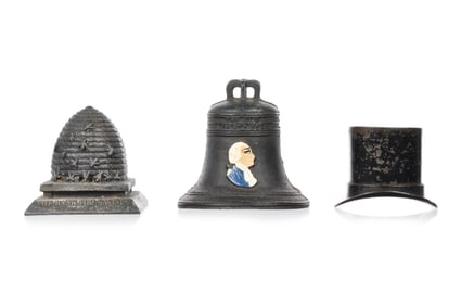 3 Cast Iron Still Banks Pass Around the Hat, Liberty Bell, and Beehive