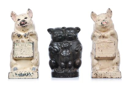 2 Cast Iron Still Banks Hubley ca. 1930s Thrifty the Wise Pig & Three Little Pigs Bank