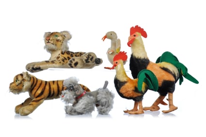 6 Steiff Stuffed Animals Roosters, Duck, Snobby, Tiger, Leopard