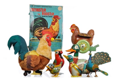 7 Tin Litho Birds Marx Brewster the Rooster, German, Japanese, British Tin