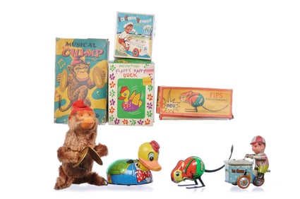 4 Boxed Tin Litho Windup Toys Alps, Easter, German, and Japanese