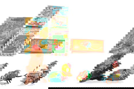 4 Boxed Tin Litho Windup Toys Alps, Easter, German, and Japanese: This is a lot of four working tin litho windup toys. Included are an Easter US Flappy Happy Duck in the original box, a German Fips Wüstenspringmaus in the original box (no key), a Chinese MS-405 Ice