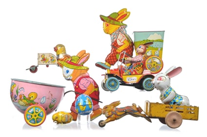 7 Tin Easter Toys Chein, Marx, Haji, and Yone