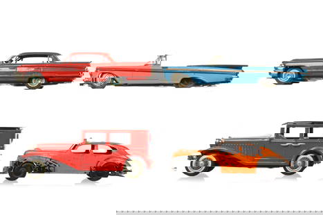 4 Tin Litho Vehicles Bandai, Hubley, Cragstan, and More: Lot of 4 tin litho vehicles including a red Japanese friction Bandai 1962 Cadillac; friction mechanism works, approximately 8" L. Also included is a blue tin friction Buick; friction works but does no