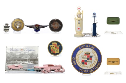 Lot of 11 Cadillac Ephemera Pieces; Hub Cap Covers, LaSalle Emblem, Phones, Patches, and More