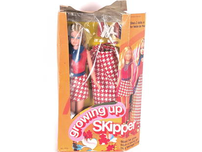 Vintage Mattel Barbie #7259 Skipper Doll Growing Up Skipper Doll Boxed: Mattel Doll #7259 Growing Up Skipper | Two dolls in one - see instructions on box | Grows from a young girl to a teenager in seconds by twisting arm | Hair is blonde, long & uncut | Make up is nice |