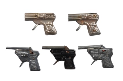 5 1950s Japanese Tin Cap Pistols, Small Silver Swallow, Hawk, and DIA (2) & Black Swallow