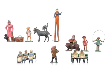 16pc Whimsical Lot of Lead Figures: Charbens, Barclay, J. Hill Co. Britains