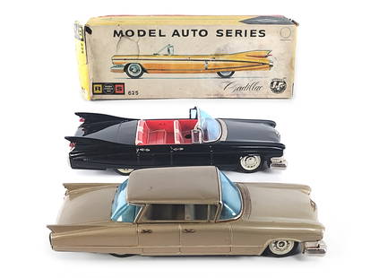 2 Tin Friction Bandai Rosko Cadillac Bairritz Boxed & Cadillac Sedan: This is a lot of 2 1950s tin friction Cadillacs. It includes a black Bandai Rosko #625 Model Auto Series 1959 Cadillac Bairritz convertible that is boxed and works, approximately 11.25" L, and a Banda