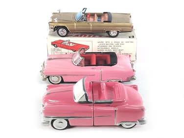 2 Cadillacs: Bandai Golden Cadillac Boxed, Pink Cadillac Bookends & Tin Car