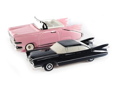 2 Ceramic Cadillacs Pink Caddy Cookie Jar and Black Caddy Trinket Box