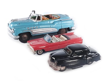 3 Japanese Friction Vehicles: Bandai Cadillac, Aadsaon Caddy, Masudaya Buick