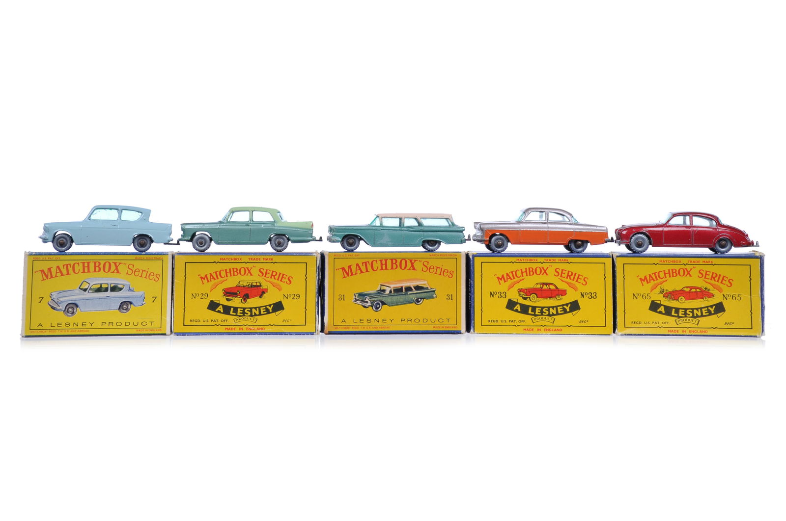 5 Matchbox #7 Anglia/#29 Austin/#31 Wagon/#33 Zodiac/#65 Jaguar Boxed (1 of 6)