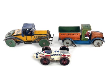 3 Tin Litho Vehicles Strauss Haul Away Truck Marx Coupe & Racer